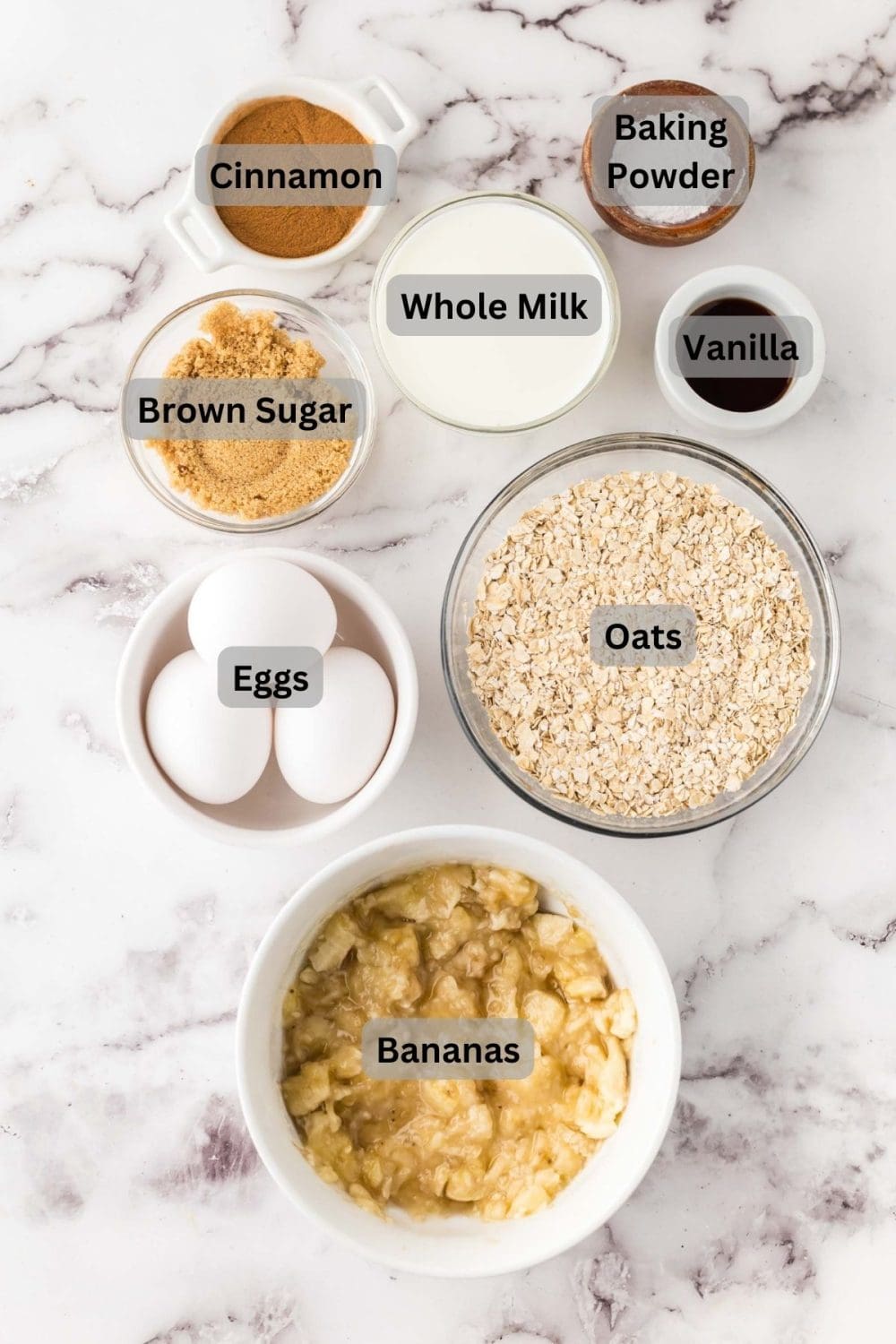 Labeled ingredients for banana oatmeal pancakes.