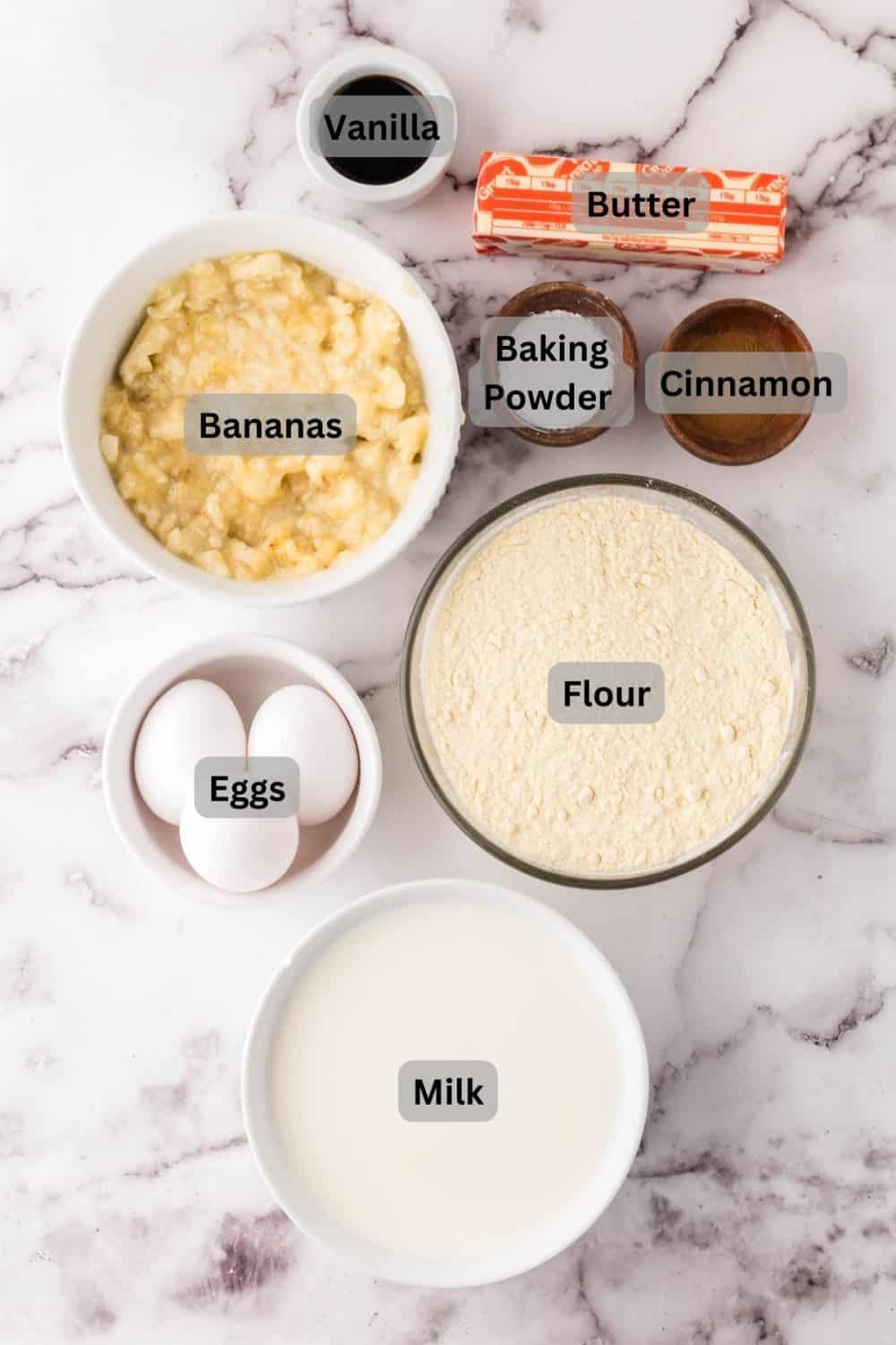 top view of digitally labeled portion dishes of raw ingredients for the banana pancakes recipe