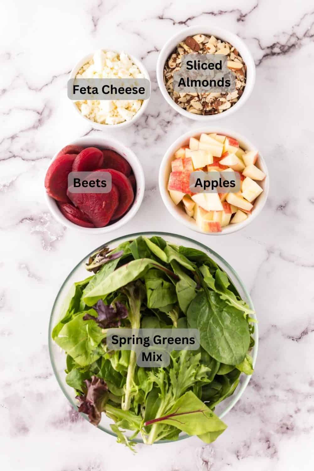 portion bowls with text labels for each ingredient to make the beet salad recipe.