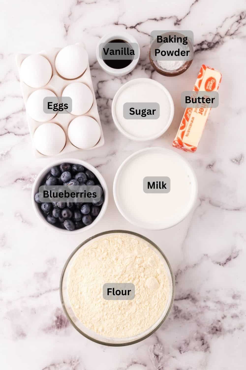 Labeled ingredients for blueberry pancakes.