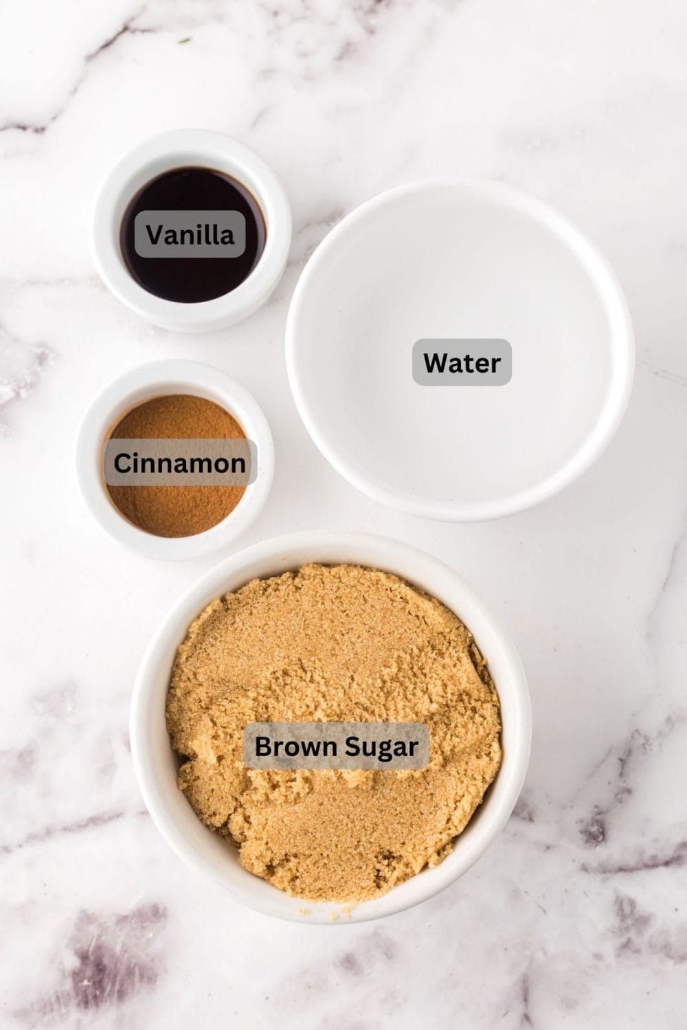 portion bowls with text labels for each ingredient to make brown sugar syrup.