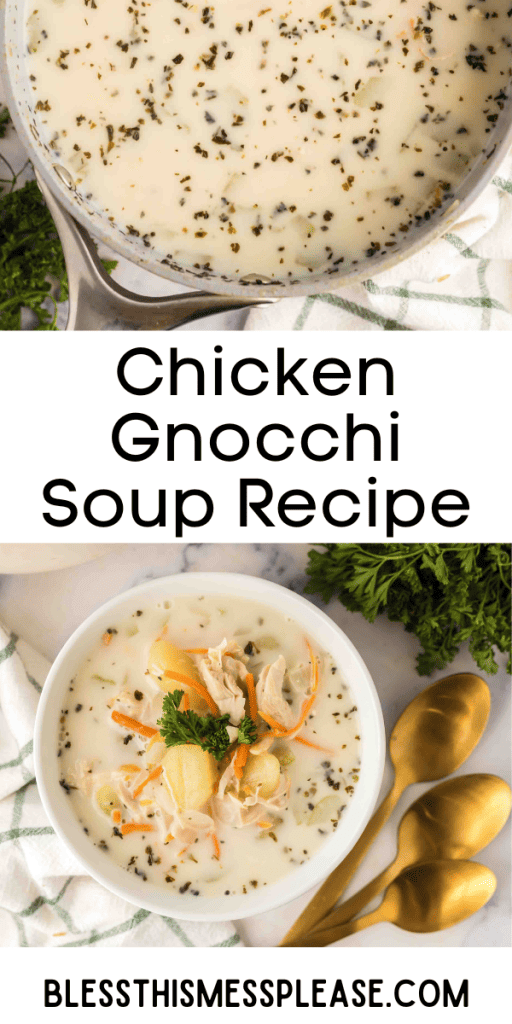 Pinterest Image that matches the text which reads Chicken Gnocchi Soup Recipe