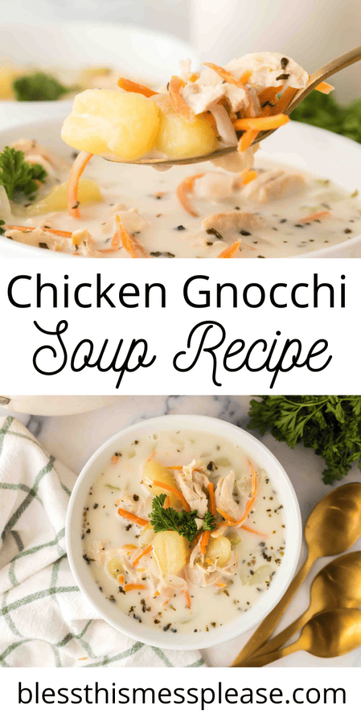 Pinterest Image that matches the text which reads Chicken Gnocchi Soup Recipe