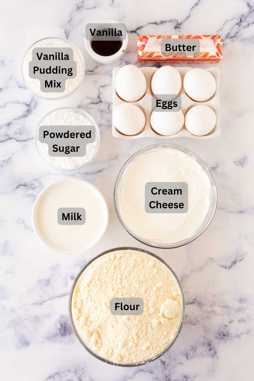 labeled ingredients for making ugly cake.