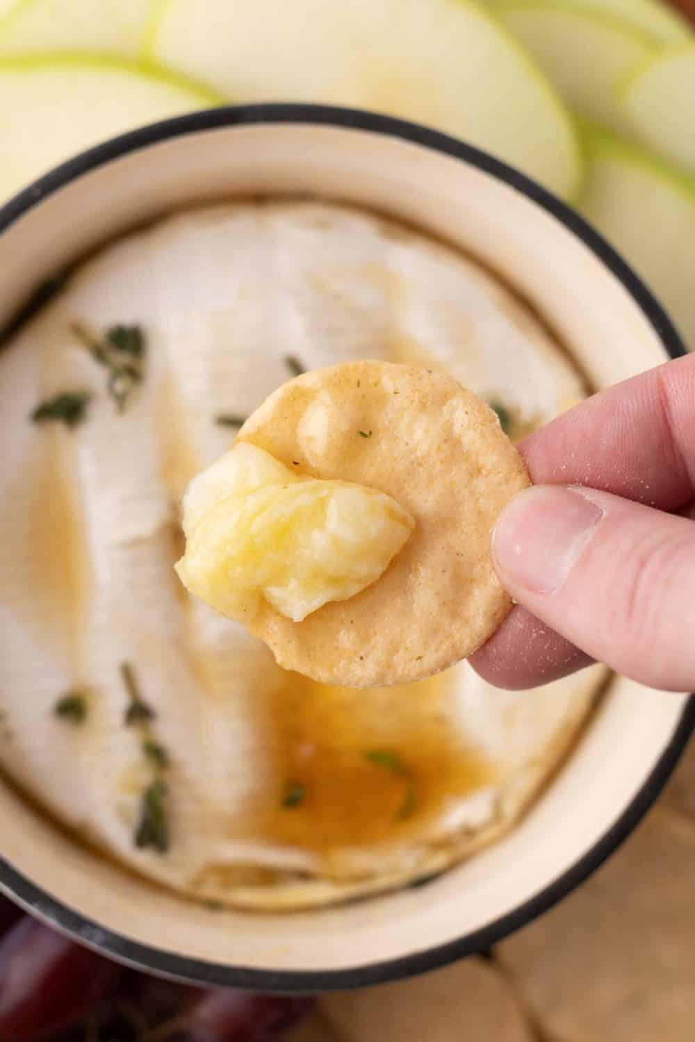 Baked brie scooped out of the round dish with a cracker ready to eat.
