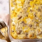 biscuits and gravy casserole recipe in a 9x12 dish.