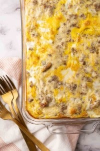 biscuits and gravy casserole recipe in a 9x12 dish.