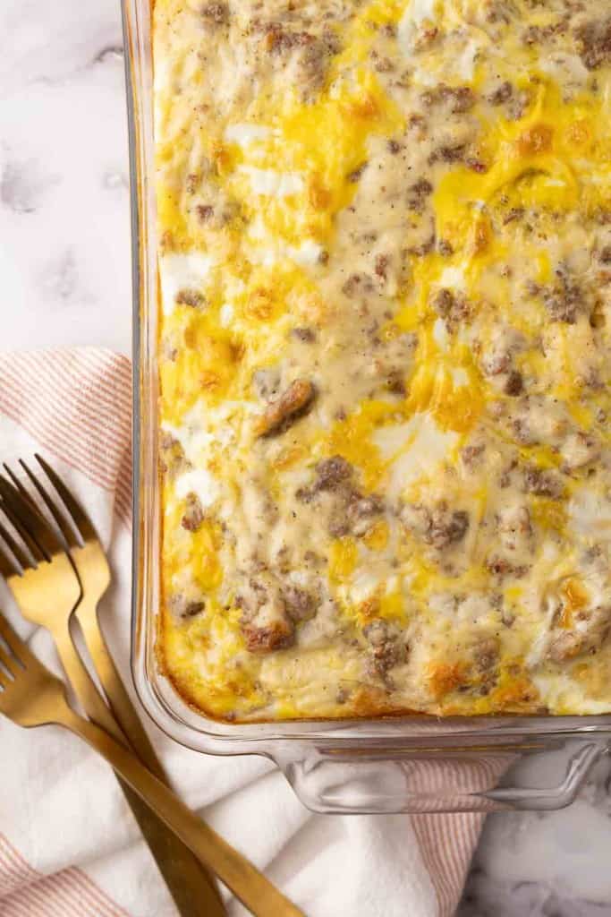 biscuits and gravy casserole recipe in a 9x12 dish.
