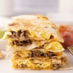 stack of triangle servings of breakfast quesadillas.