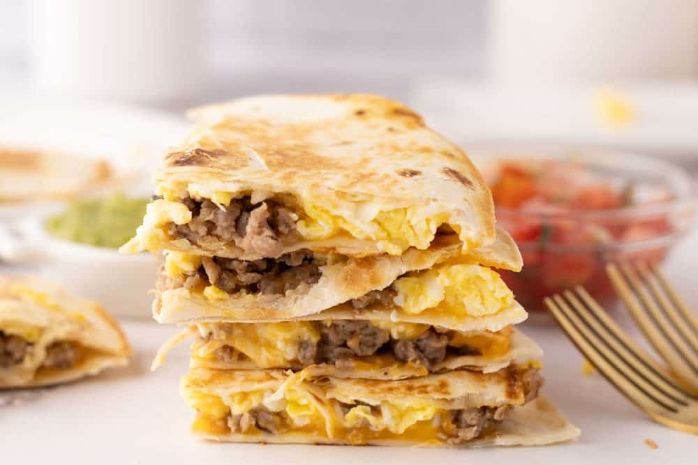 stack of triangle servings of breakfast quesadillas.