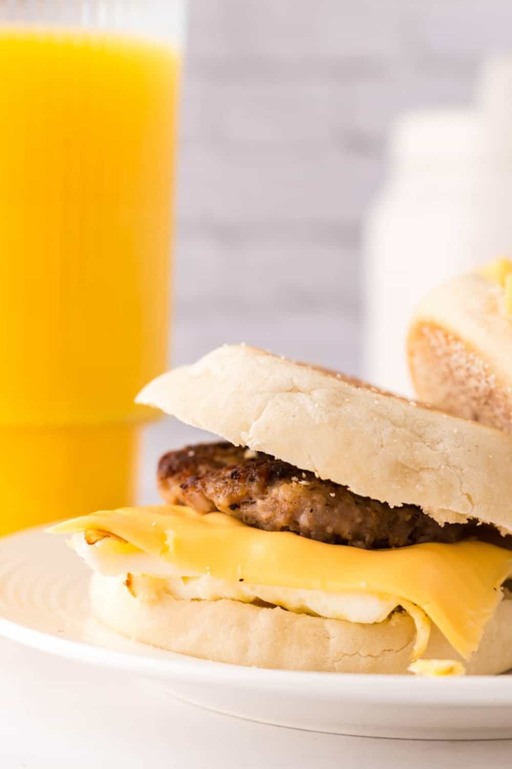 English muffin egg and sausage breakfast sandwich.