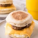 English muffin egg and sausage breakfast sandwich.