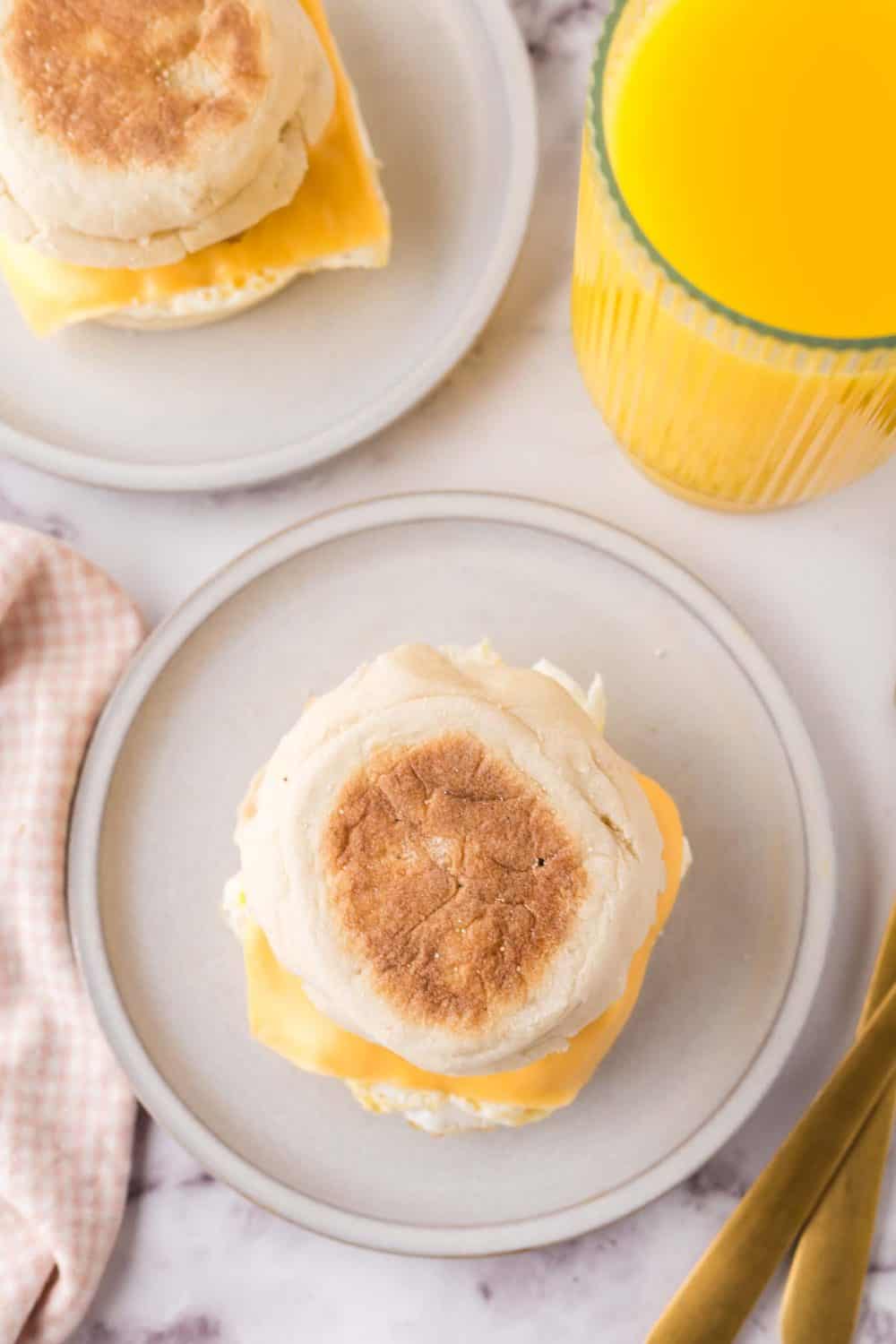 English muffin egg and sausage breakfast sandwich.