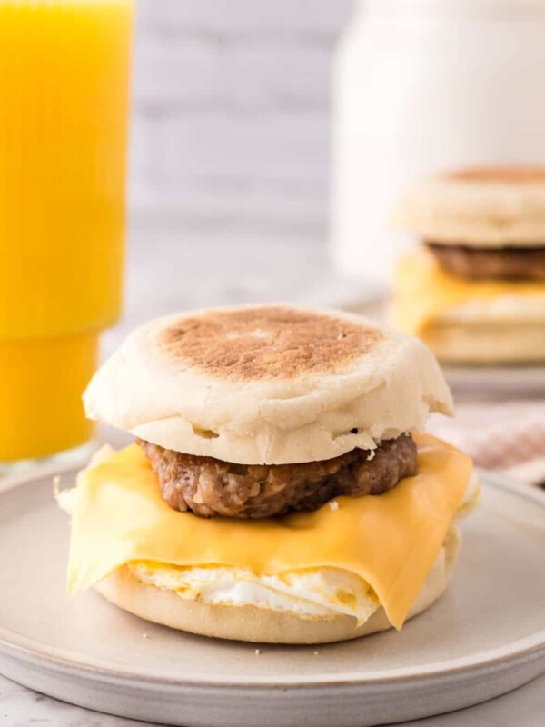 English muffin egg and sausage breakfast sandwich.