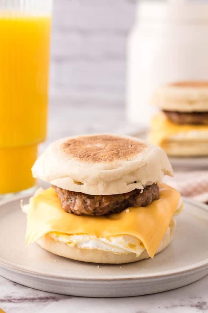 English muffin egg and sausage breakfast sandwich.