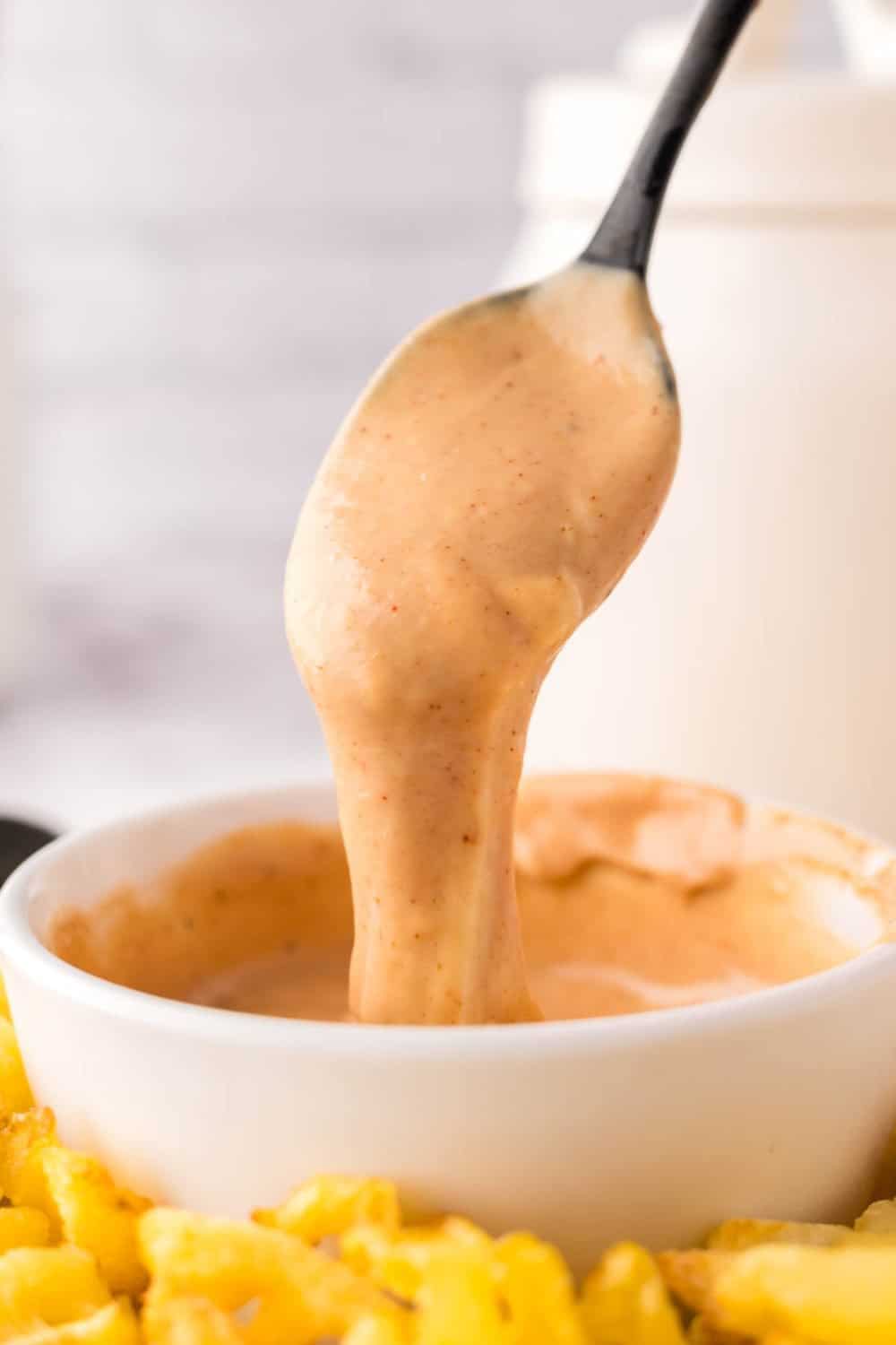 Chick-fil-A Sauce spooned out of a small bowl with waffle fries all around on a round plate.