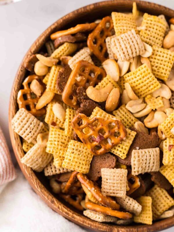 chex mix recipe in a wooden bowl.