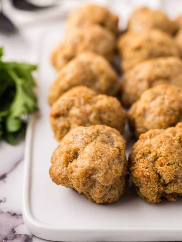 chicken meatballs on a rectangle plate.