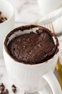 Chocolate cake baked into a white coffee mug.
