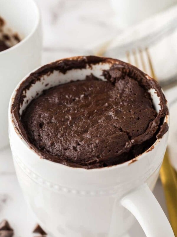 Chocolate cake baked into a white coffee mug.