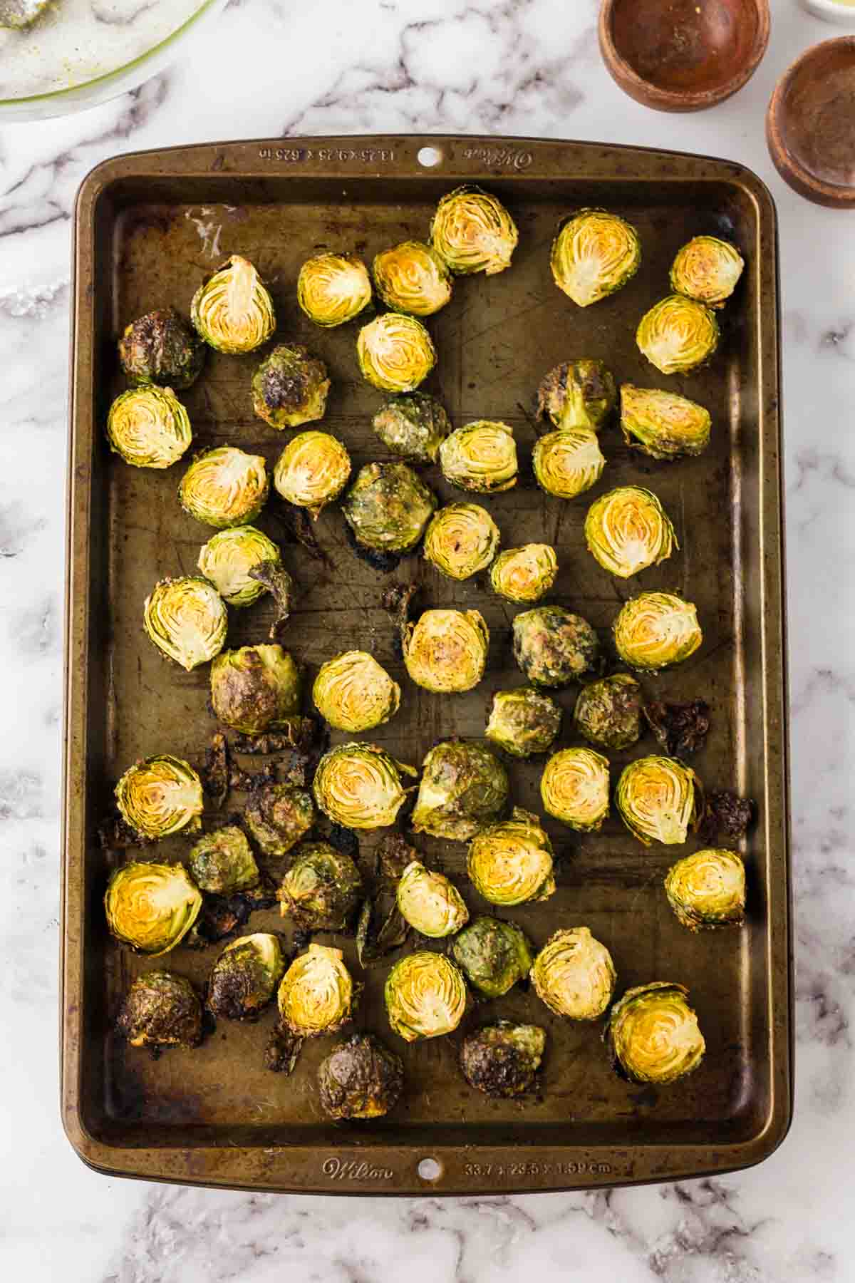 Oven Baked Brussels Sprouts on on a baking sheet.