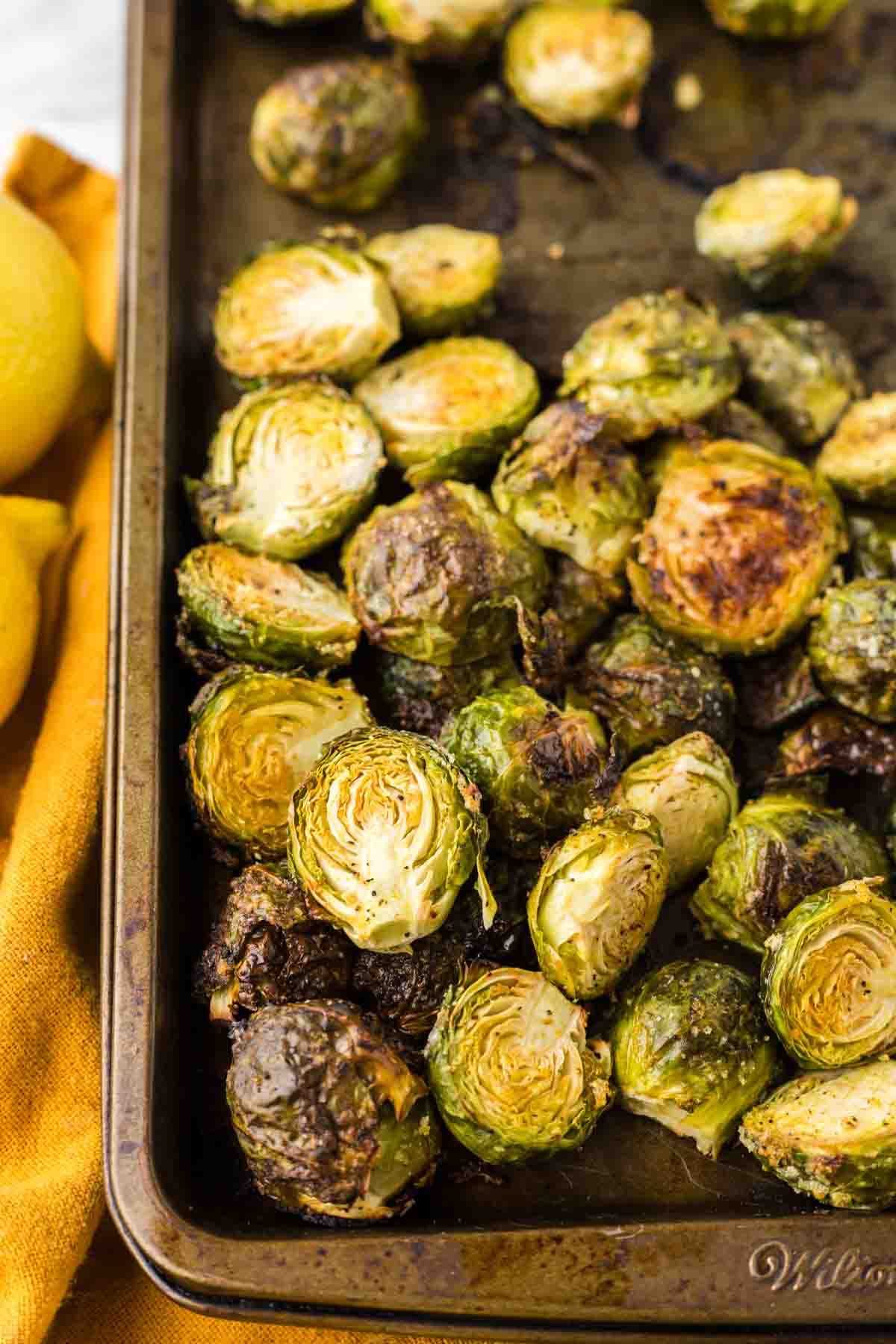 Oven Baked Brussels Sprouts on on a baking sheet.