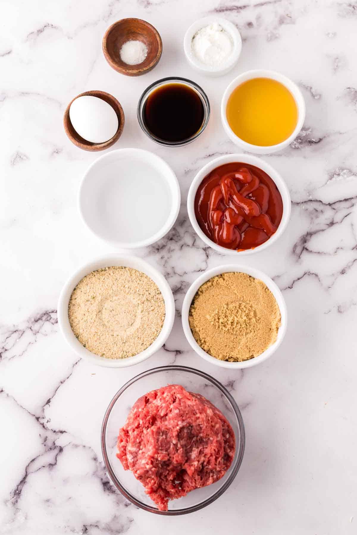 portion bowls with each raw ingredient to make sweet and sour sauce meatballs.