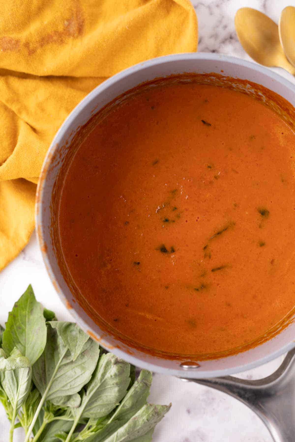 pot of cooking tomato basil soup.