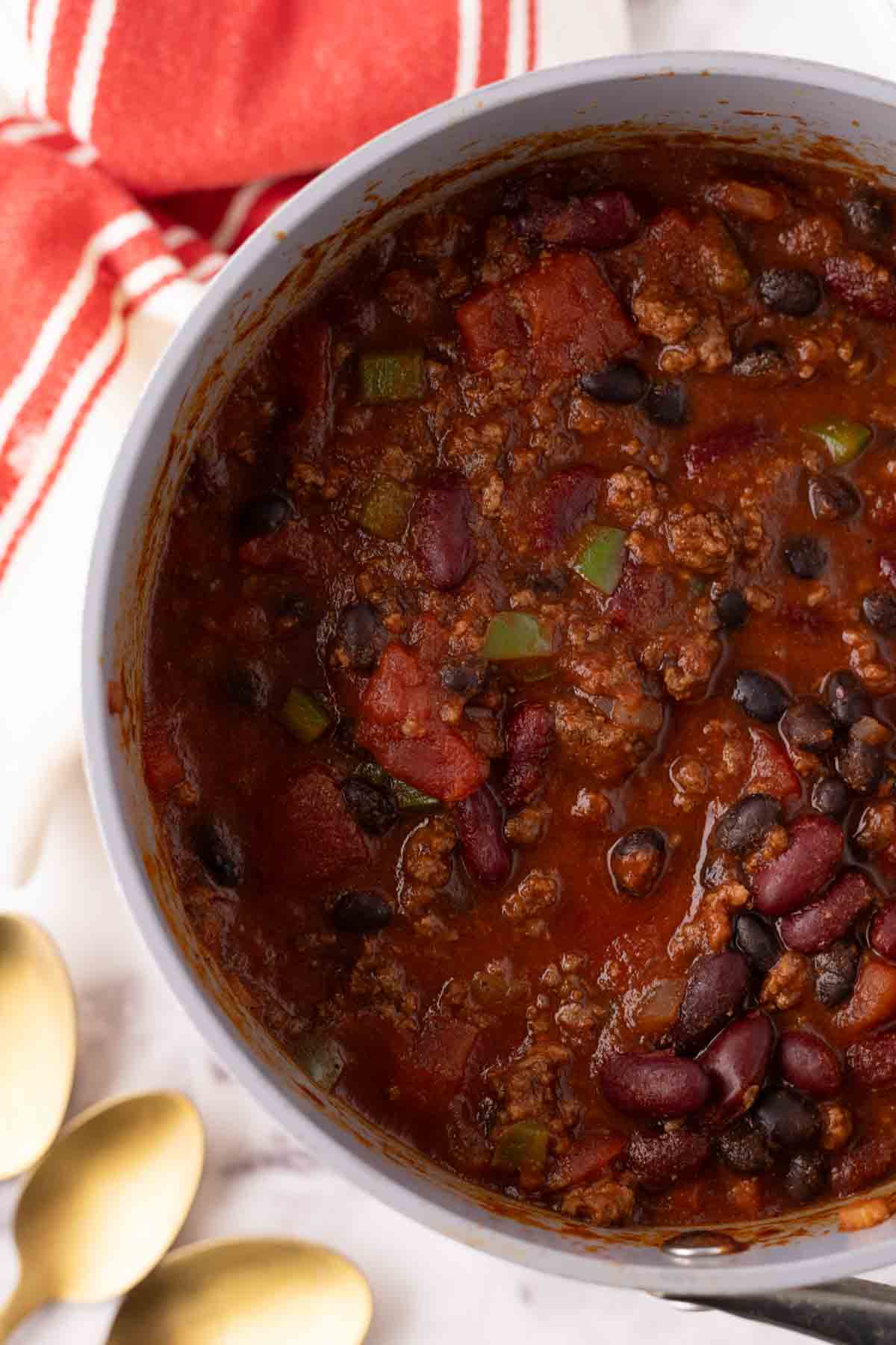 Close up view of Wendy's chili in a pot. 