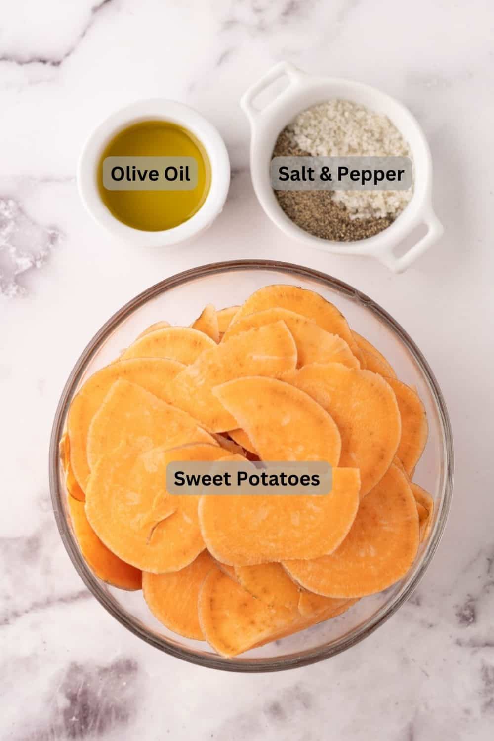 portion bowls with digital labels for each raw ingredient to make Sweet potato chips