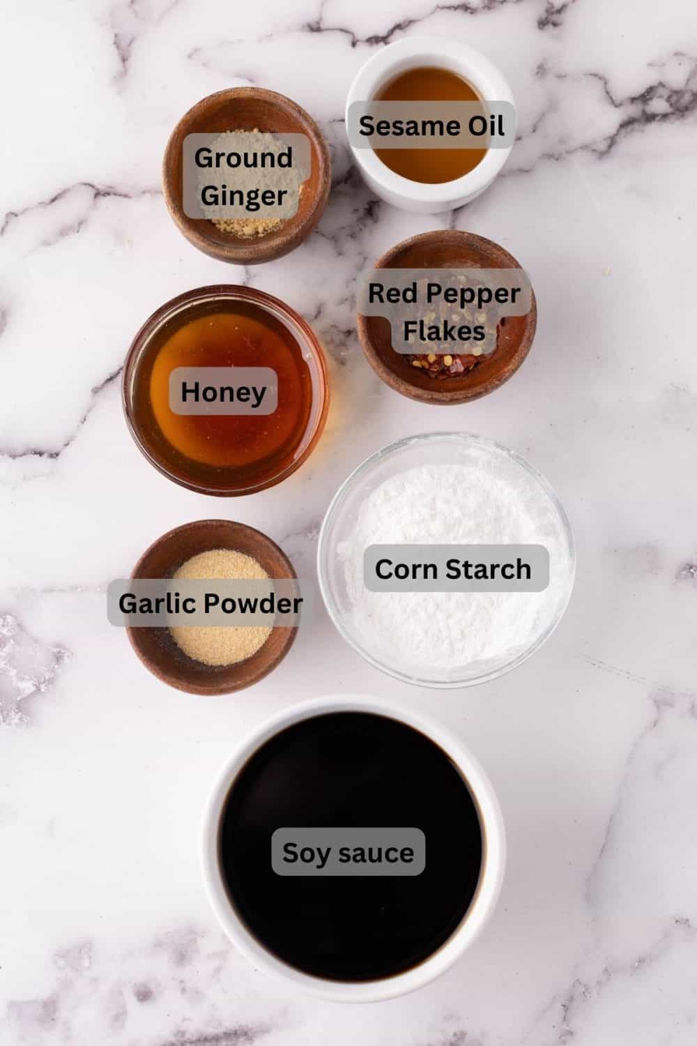 portion bowls with digital labels for each raw ingredient to make teriyaki sauce.