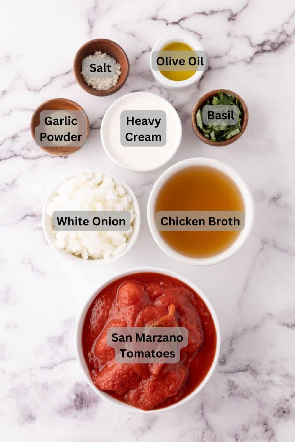 portion bowls with digital labels for each raw ingredient to make tomato basil soup.