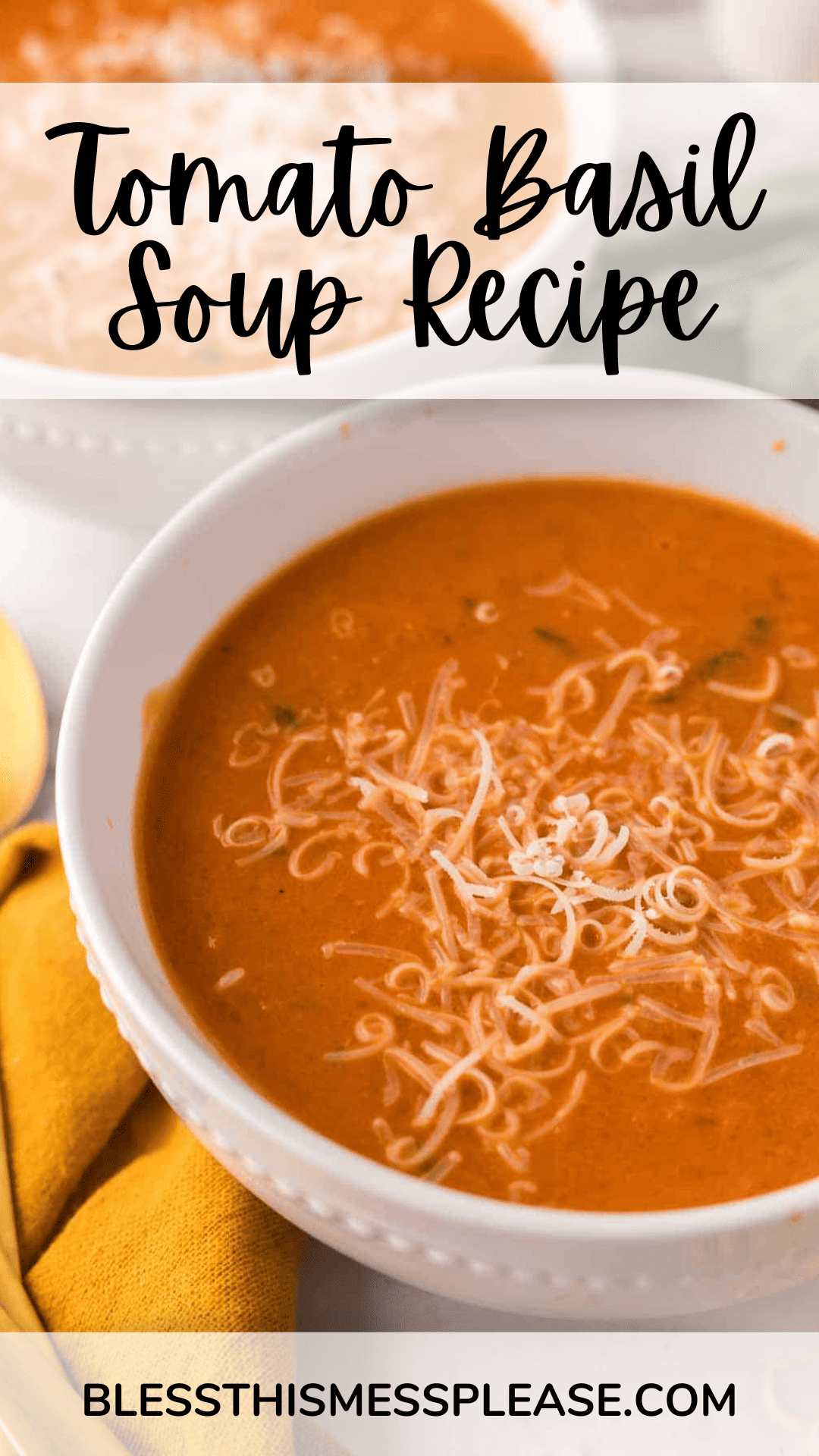 Pinterest pin with text that reads tomato basil soup recipe.
