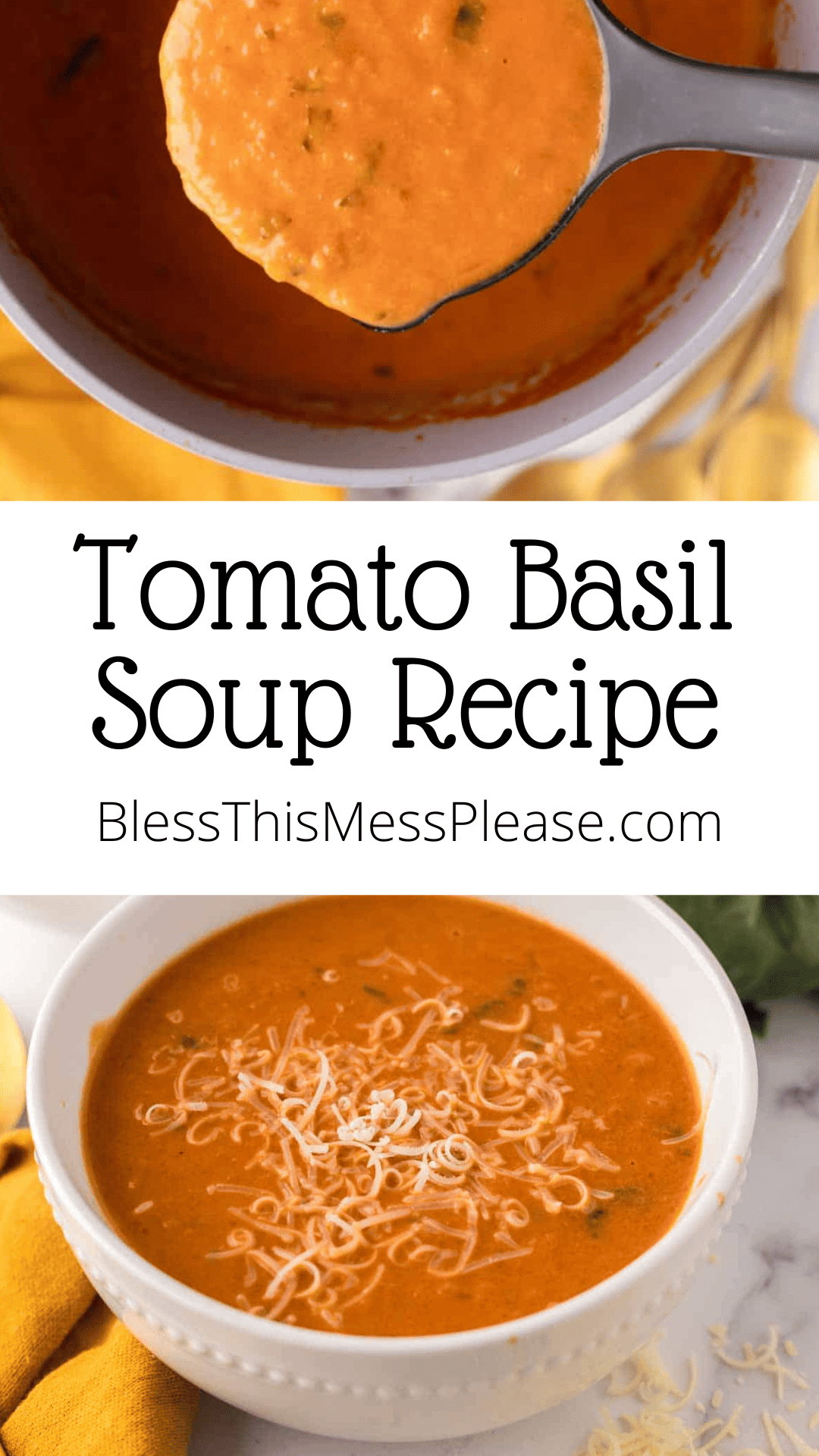 Pinterest pin with text that reads tomato basil soup recipe.