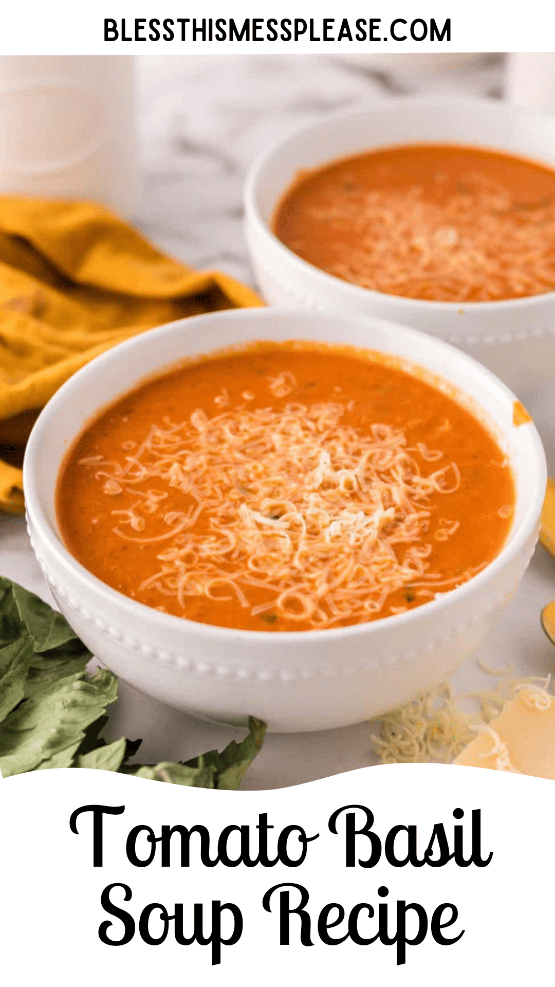 Pinterest pin with text that reads tomato basil soup recipe.