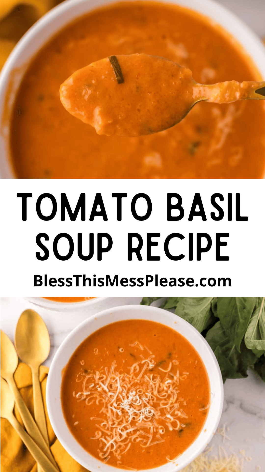 Pinterest pin with text that reads tomato basil soup recipe.