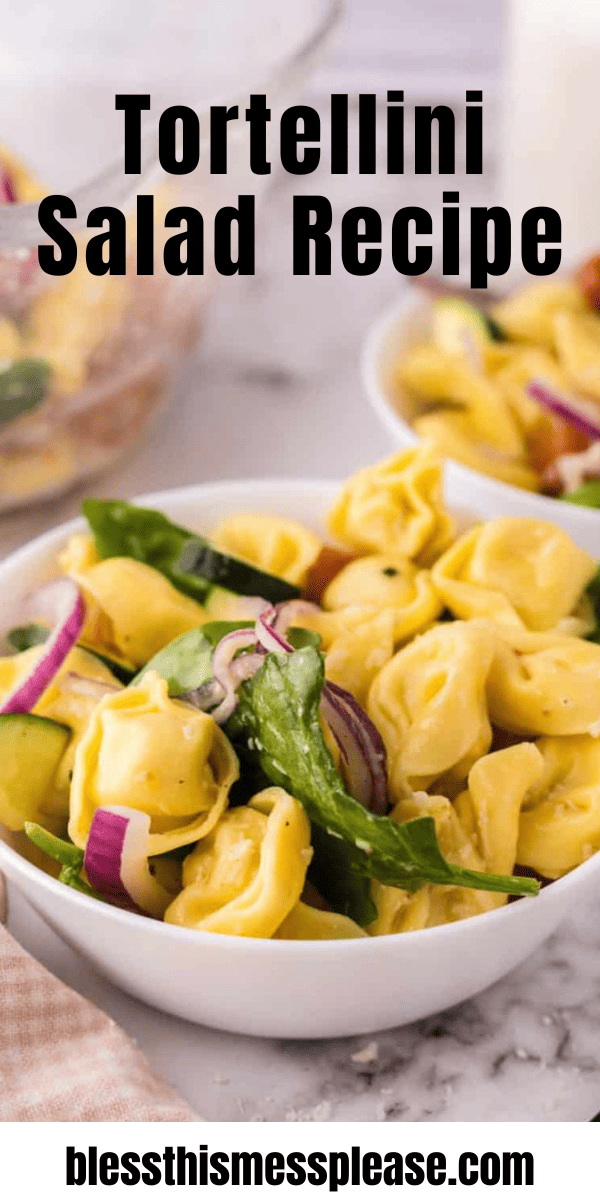 Pinterest pin with text that reads Tortellini Salad Recipe.