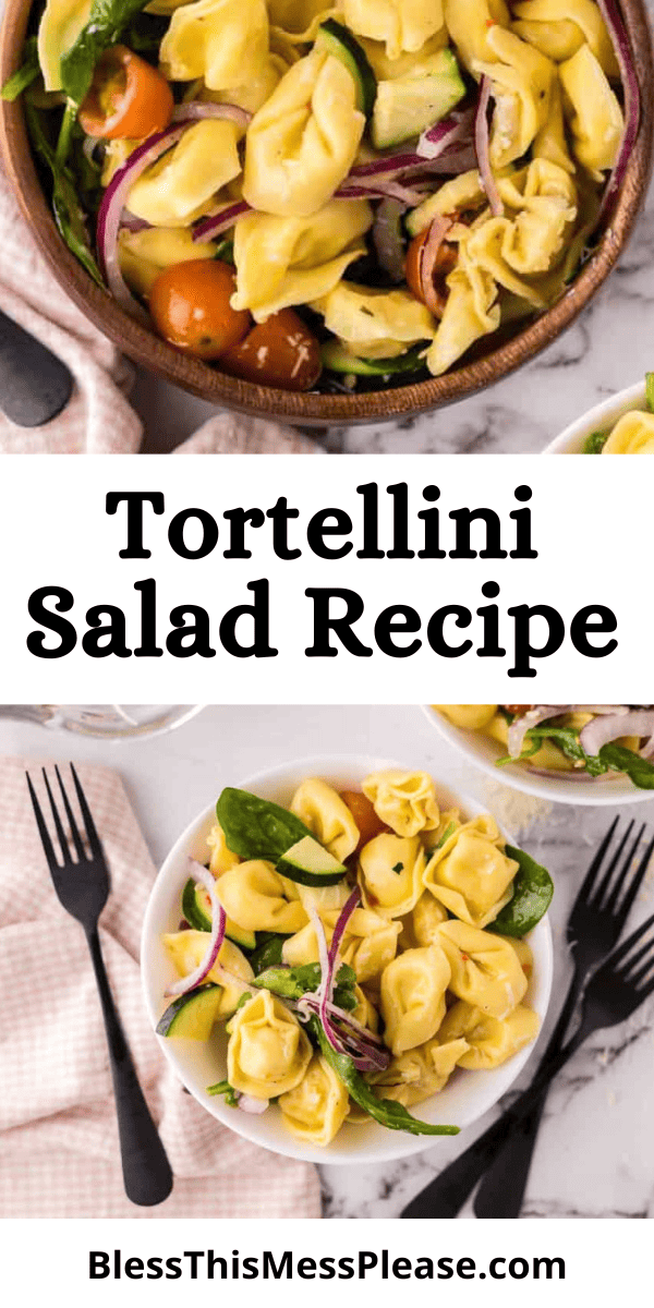 Pinterest pin with text that reads Tortellini Salad Recipe.