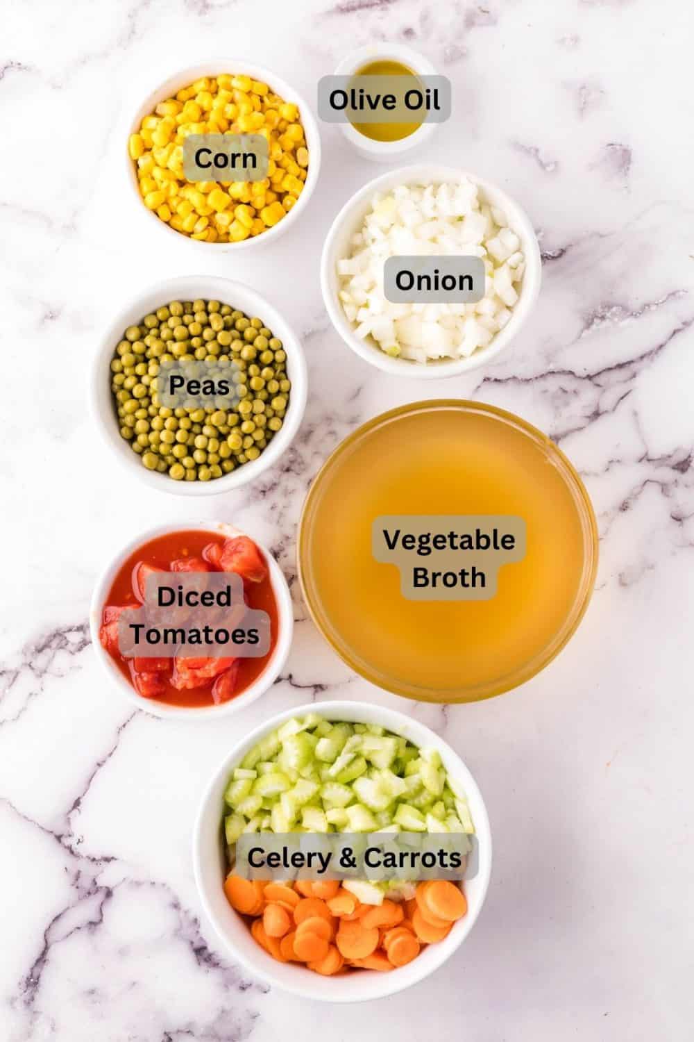 Digitally labeled ingredients for vegetable soup. 