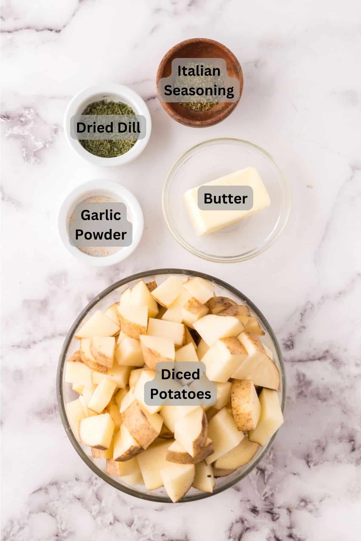 portion bowls each with digitally labeled raw ingredients to make air fryer roasted potatoes.