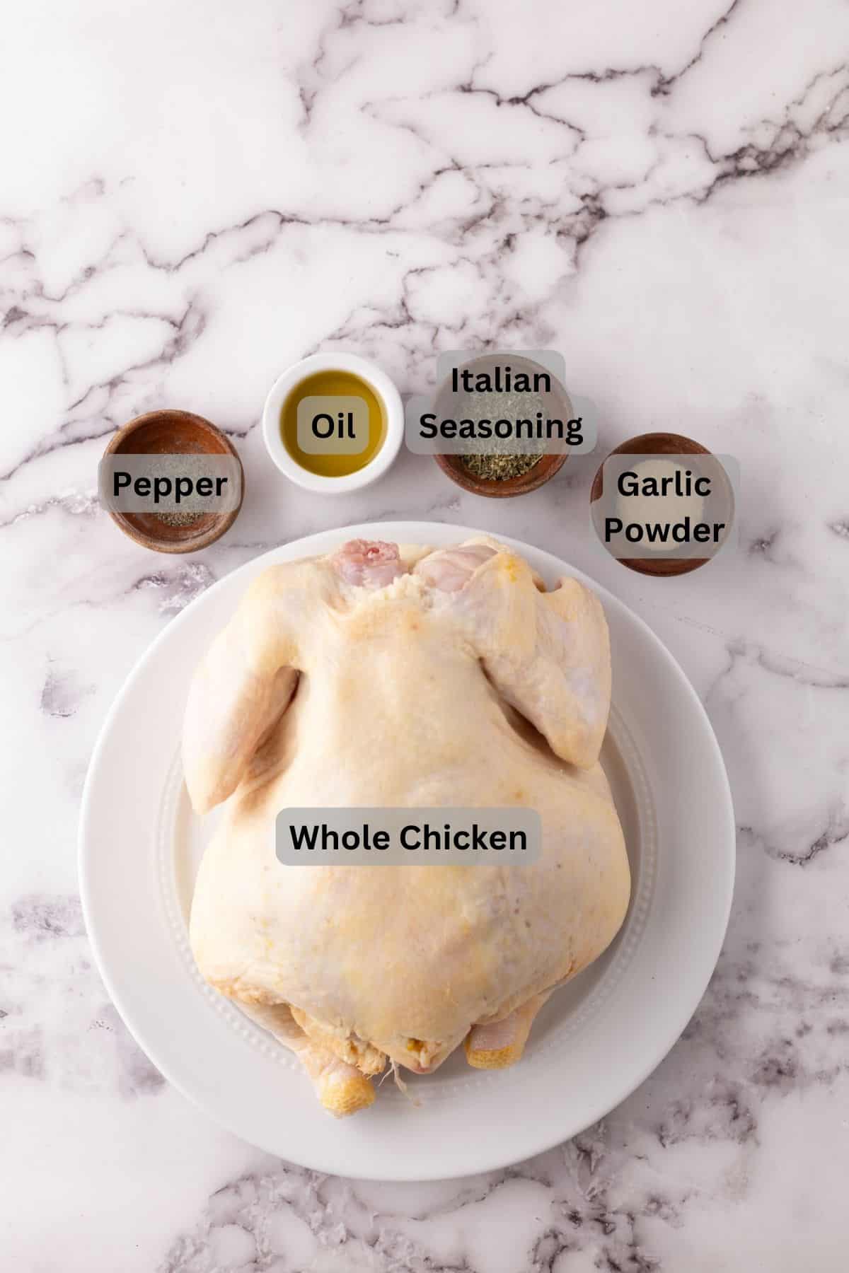 portion bowls each with digitally labeled raw ingredients to make air fryer whole chicken.