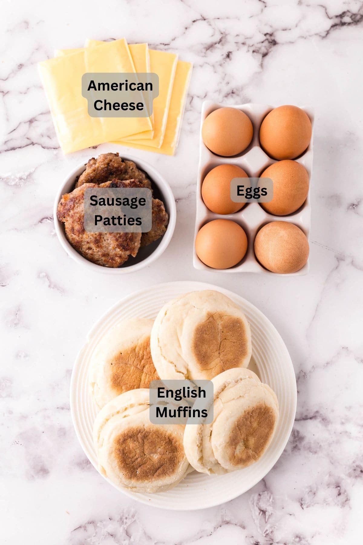 Digitally labeled ingredients for breakfast sandwiches. 