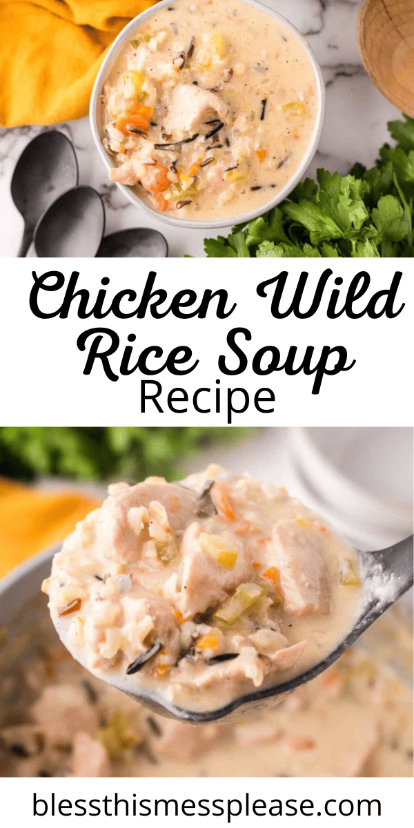 Pinterest pin with text that reads chicken wild rice soup recipe.