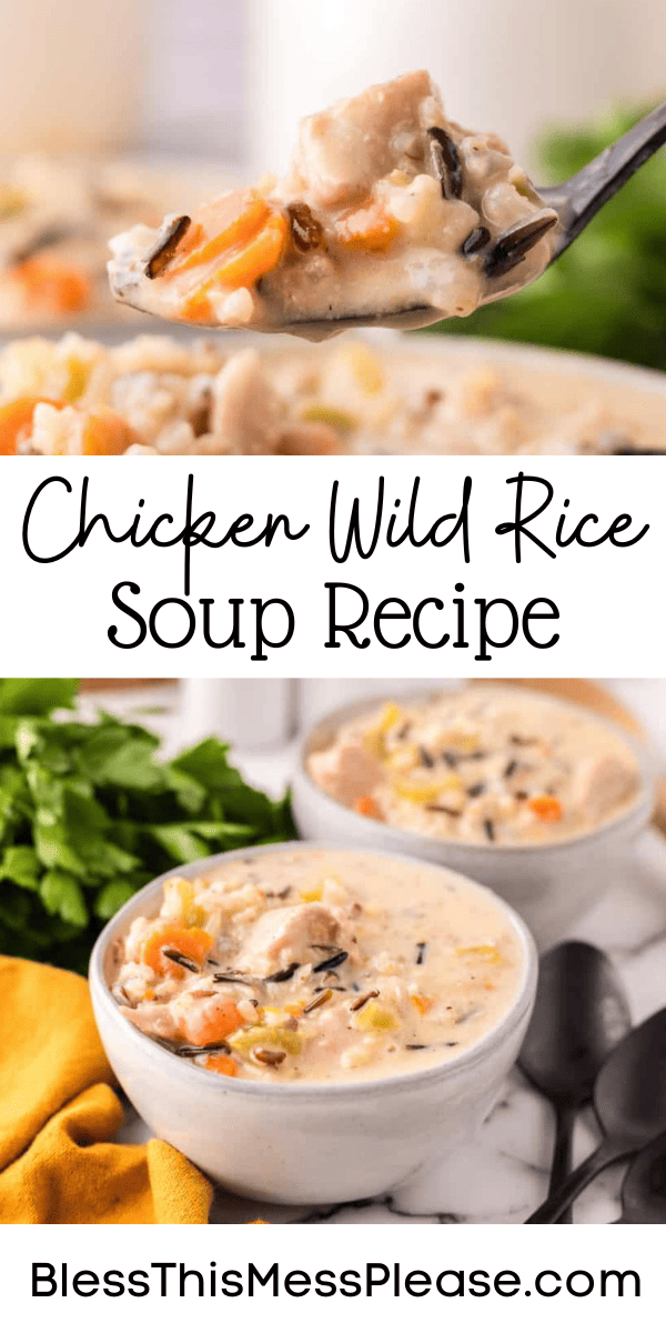 Pinterest pin with text that reads chicken wild rice soup recipe.