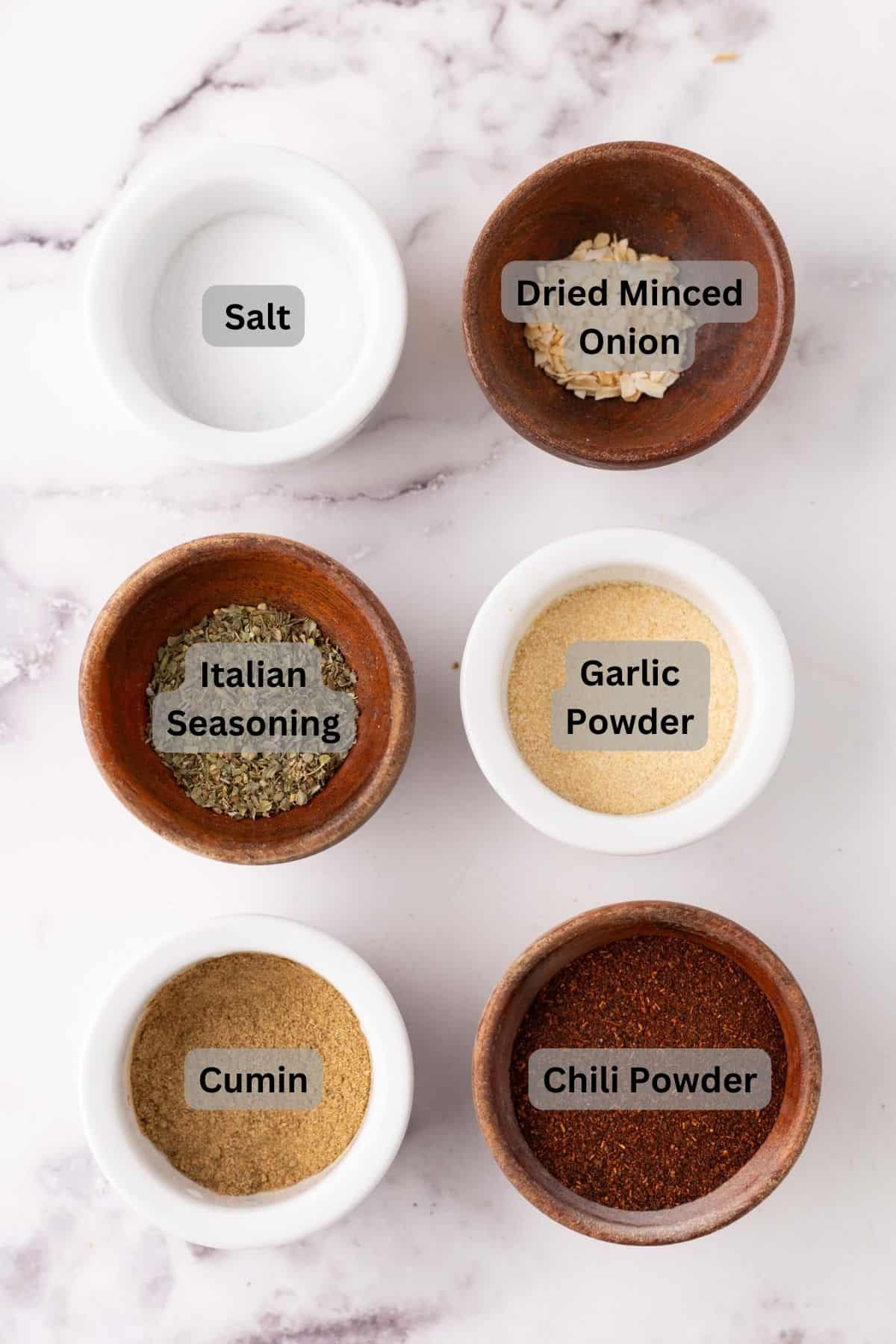portion bowls each with digitally labeled raw ingredients to make chili seasoning.