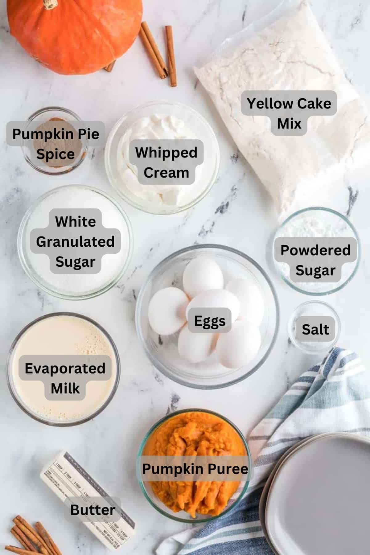 an overhead shot of ingredients laid out on the counter with each ingredient labeled.