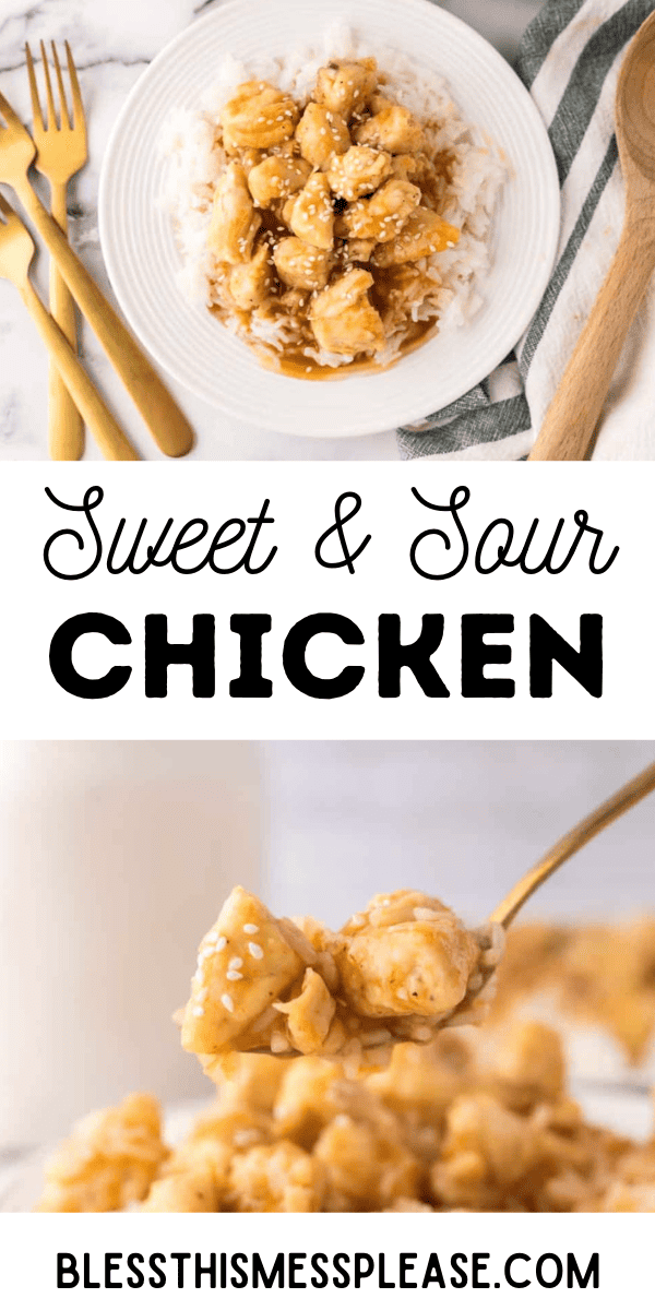 Pinterest pin with text that reads sweet and sour chicken recipe.