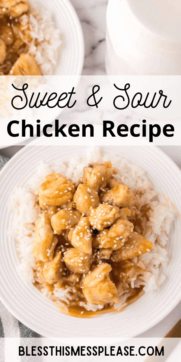Pinterest pin with text that reads sweet and sour chicken recipe.