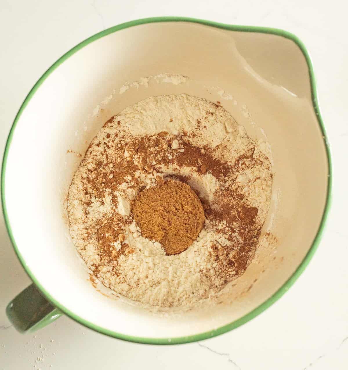 fluffy pumpkin pancakes dry ingredients in a bowl.