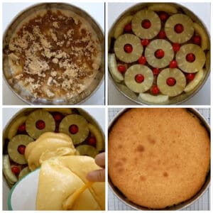 collage for making pineapple upside down cake.